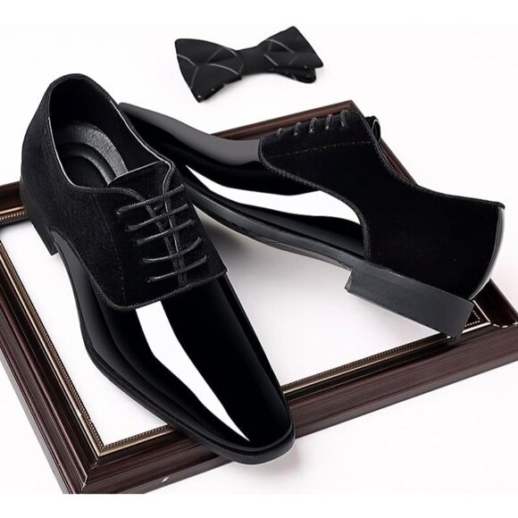 Men's Black Tuxedo Lace-up Oxfords Plain or Cap Toe Leather Dress Shoes - Picture 3 of 6